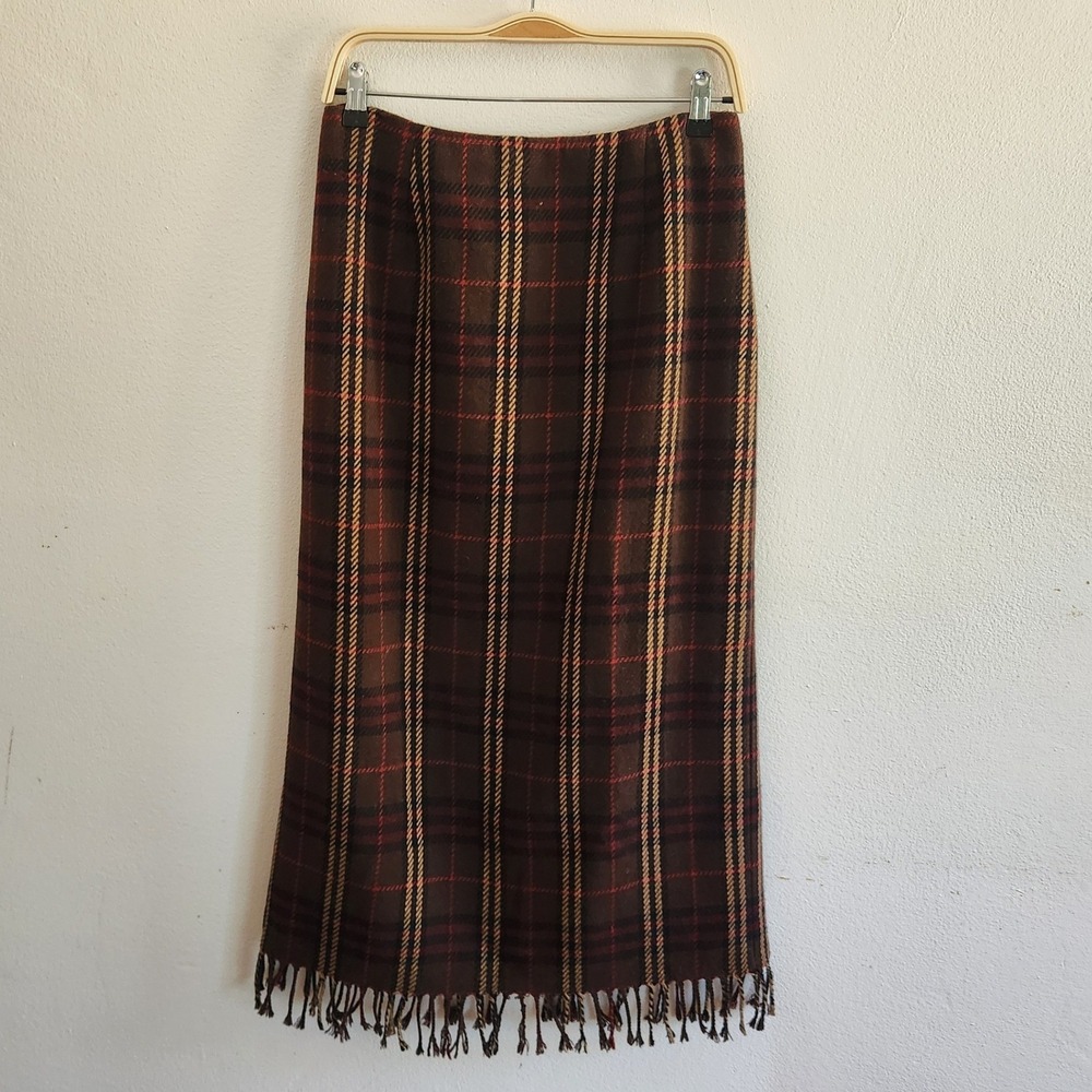 Vintage Worthington Fringed Plaid Flannel Blanket Maxi Skirt 8 Wool Blend Preppy